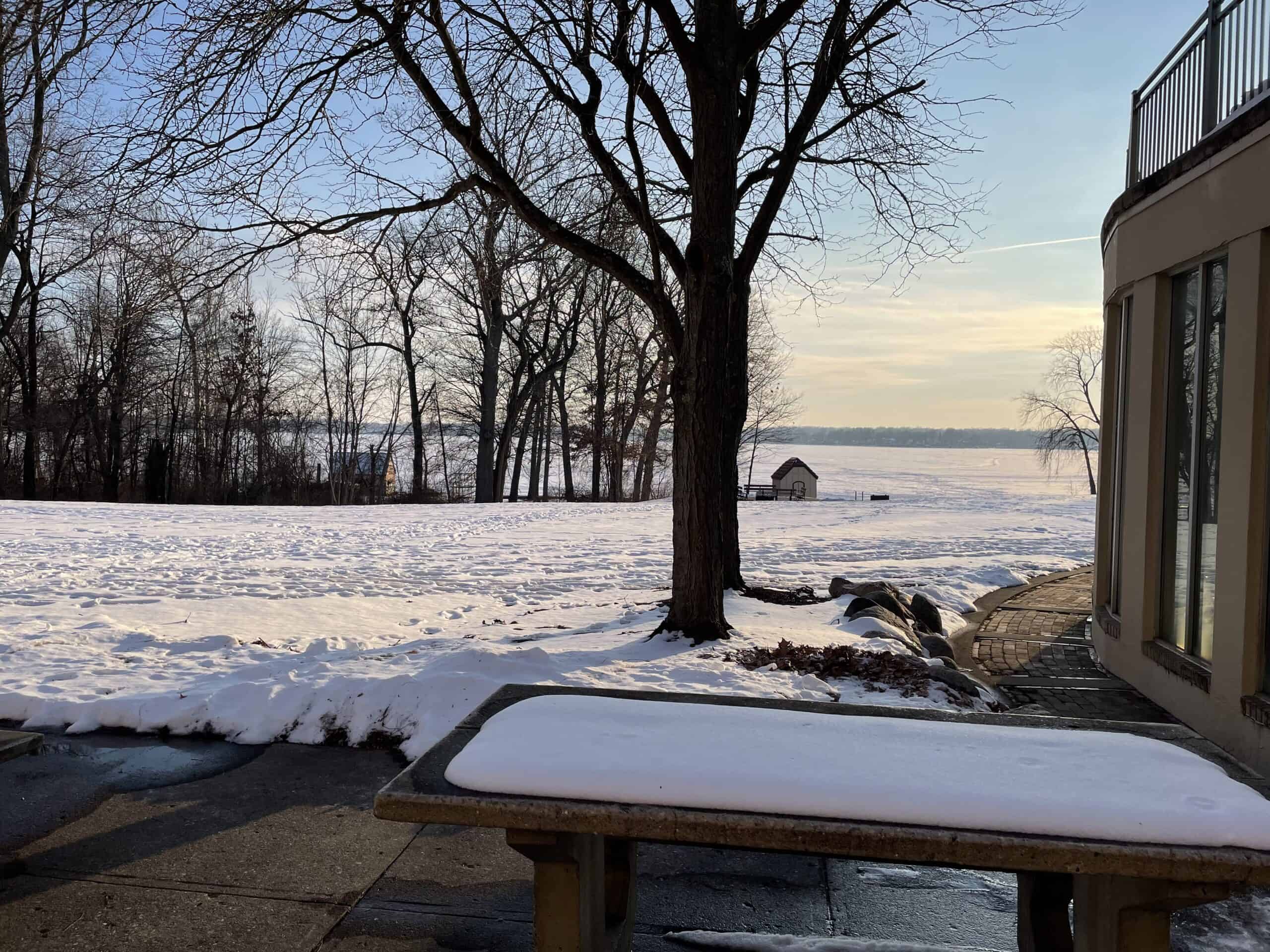 View of frozen Lake James from the patio of a room at the Potawatomi Inn