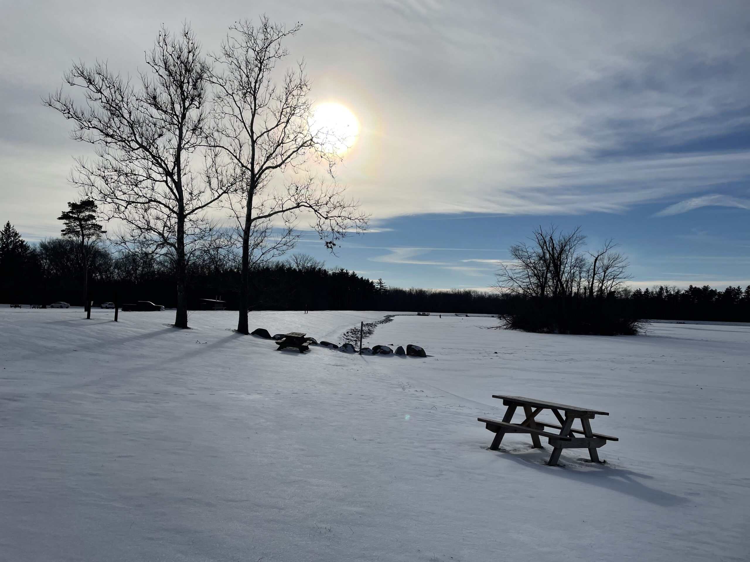Snow-covered picnic area at Ouabache State Park